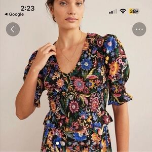 NWT BODEN Smocked Bodice Crop Top In Black, Gardenia Pop